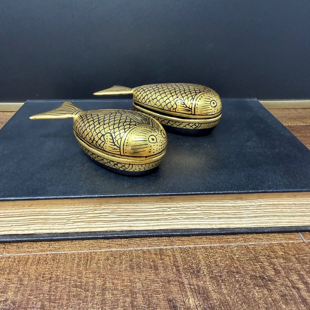 Vintage Thai Gold‎ & Black Lacquer Fish Trinket Box Set - Pair